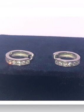 STERLING Silver & White Cz Stone Hoop Earrings 17mm Hoops / 4mm Width